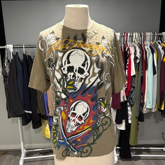 Ed Hardy Other - 🛑SOLD🛑Ed‎ Hardy Olive Graphic Tee with Skull Design